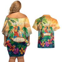 5 Oclock Somewhere Personalized Couples Matching Off Shoulder Short Dress and Hawaiian Shirt Hawaii Parrots Plumeria Summer Vibe LT9 - Polynesian Pride