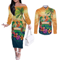 5 Oclock Somewhere Personalized Couples Matching Off The Shoulder Long Sleeve Dress and Long Sleeve Button Shirt Hawaii Parrots Plumeria Summer Vibe LT9 Yellow - Polynesian Pride