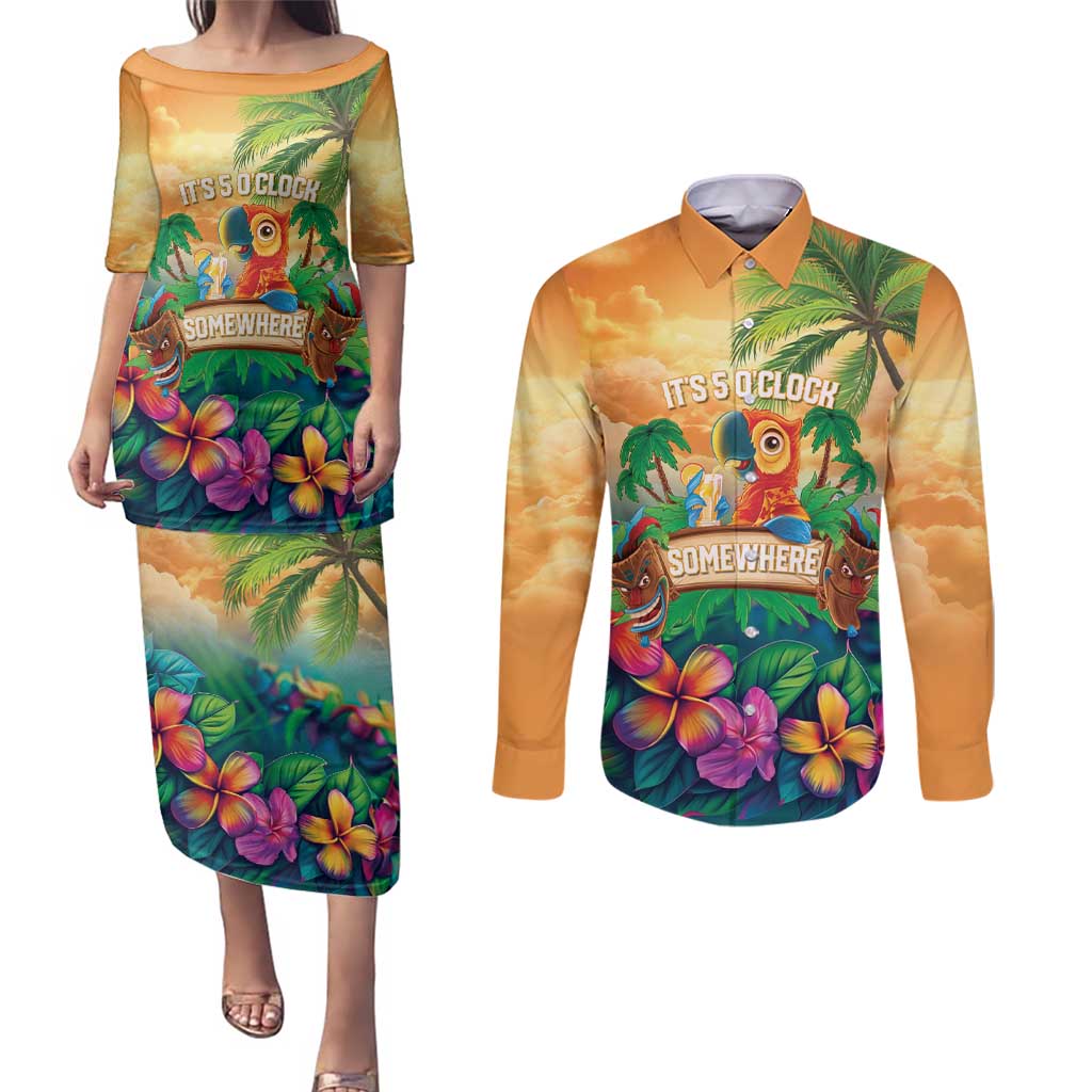 5 Oclock Somewhere Personalized Couples Matching Puletasi and Long Sleeve Button Shirt Hawaii Parrots Plumeria Summer Vibe LT9 Yellow - Polynesian Pride