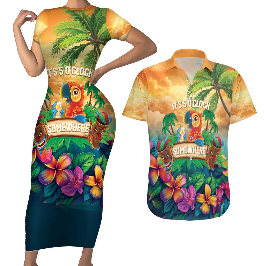 5 Oclock Somewhere Personalized Couples Matching Short Sleeve Bodycon Dress and Hawaiian Shirt Hawaii Parrots Plumeria Summer Vibe LT9 Yellow - Polynesian Pride