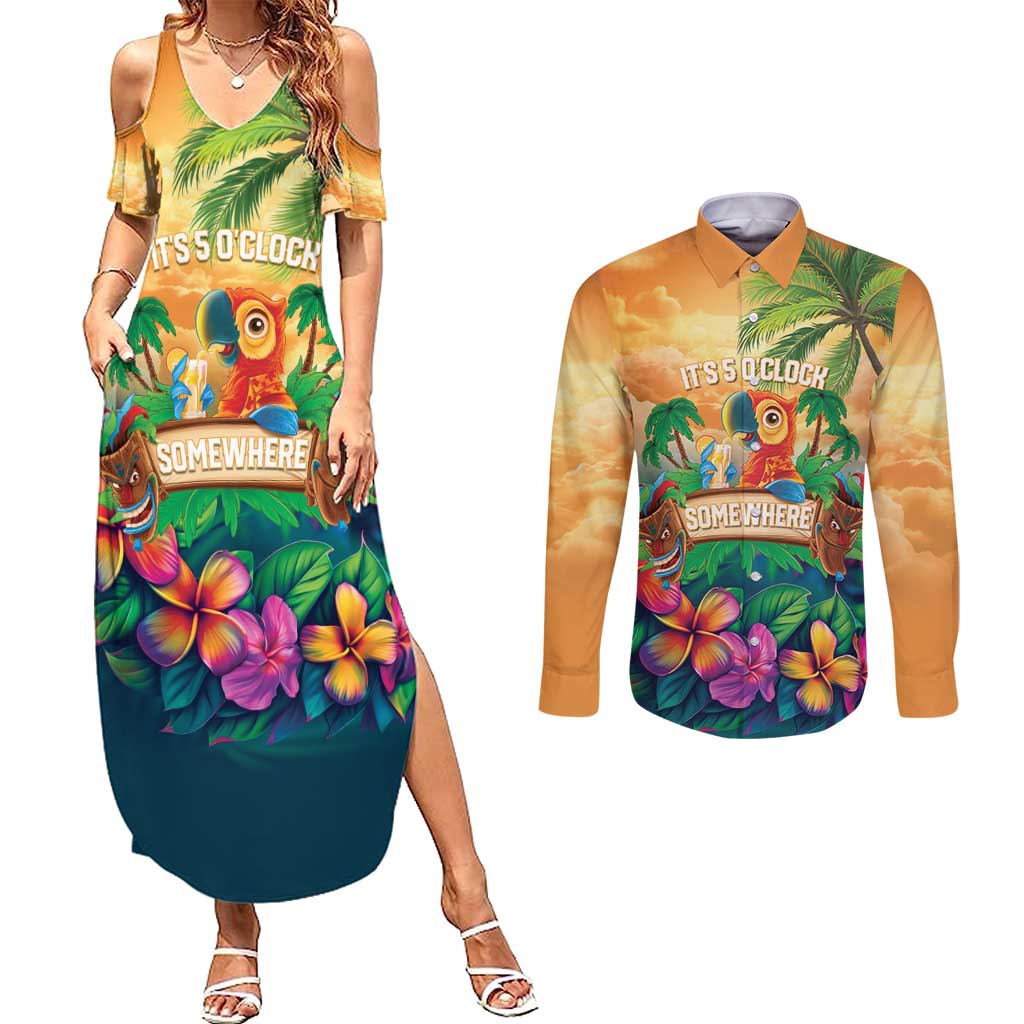 5 Oclock Somewhere Personalized Couples Matching Summer Maxi Dress and Long Sleeve Button Shirt Hawaii Parrots Plumeria Summer Vibe LT9 Yellow - Polynesian Pride