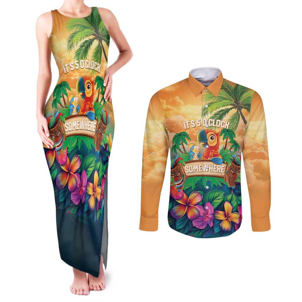 5 Oclock Somewhere Personalized Couples Matching Tank Maxi Dress and Long Sleeve Button Shirt Hawaii Parrots Plumeria Summer Vibe LT9 Yellow - Polynesian Pride