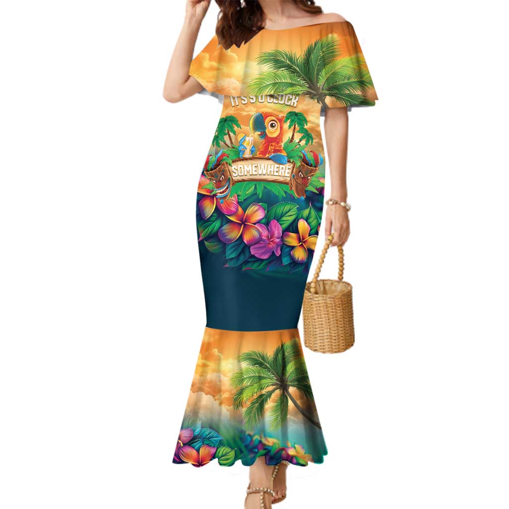 5 Oclock Somewhere Personalized Family Matching Mermaid Dress and Hawaiian Shirt Hawaii Parrots Plumeria Summer Vibe - Polynesian Pride