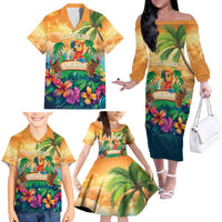 5 Oclock Somewhere Personalized Family Matching Off The Shoulder Long Sleeve Dress and Hawaiian Shirt Hawaii Parrots Plumeria Summer Vibe - Polynesian Pride