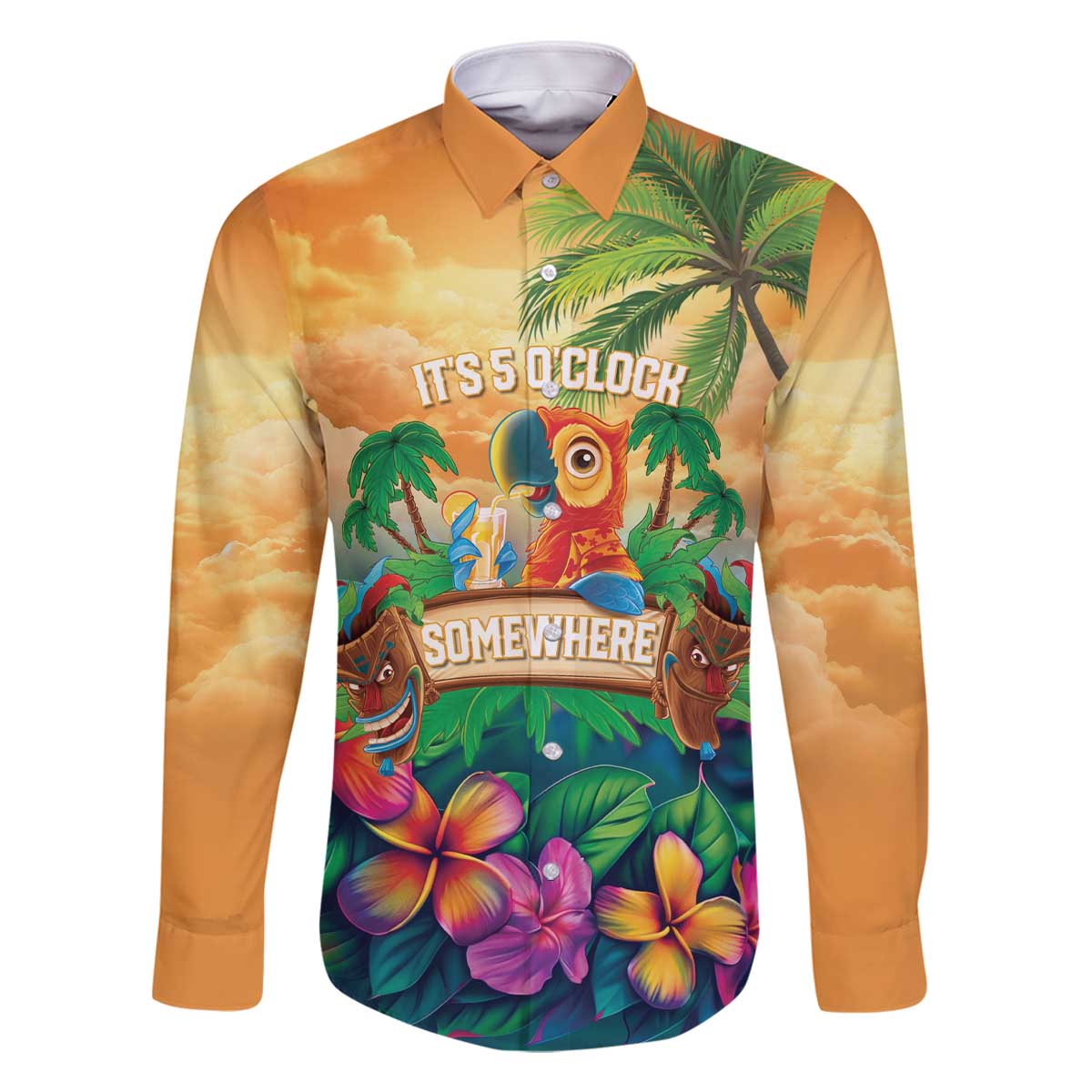 5 Oclock Somewhere Personalized Family Matching Off The Shoulder Long Sleeve Dress and Hawaiian Shirt Hawaii Parrots Plumeria Summer Vibe - Polynesian Pride