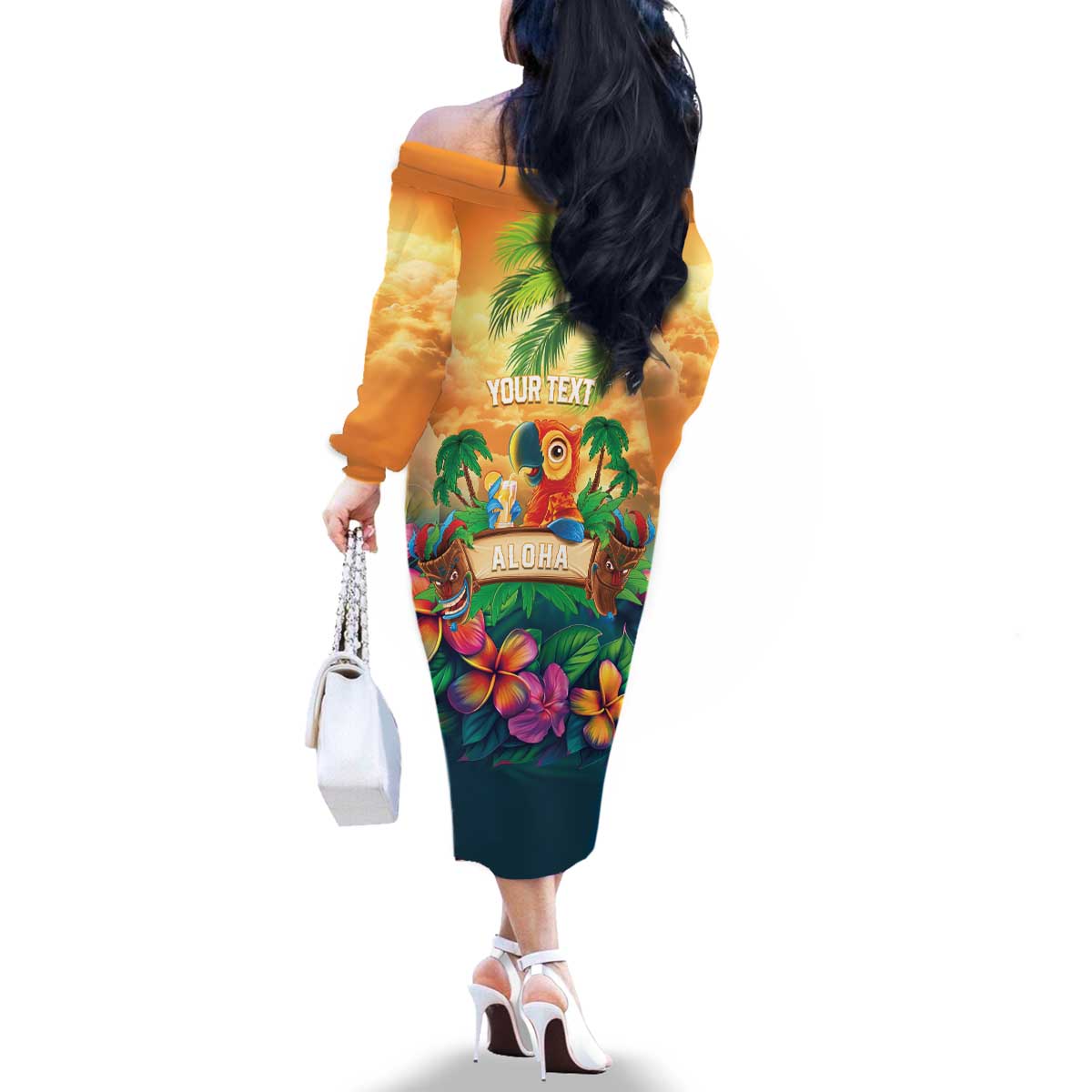 5 Oclock Somewhere Personalized Family Matching Off The Shoulder Long Sleeve Dress and Hawaiian Shirt Hawaii Parrots Plumeria Summer Vibe - Polynesian Pride