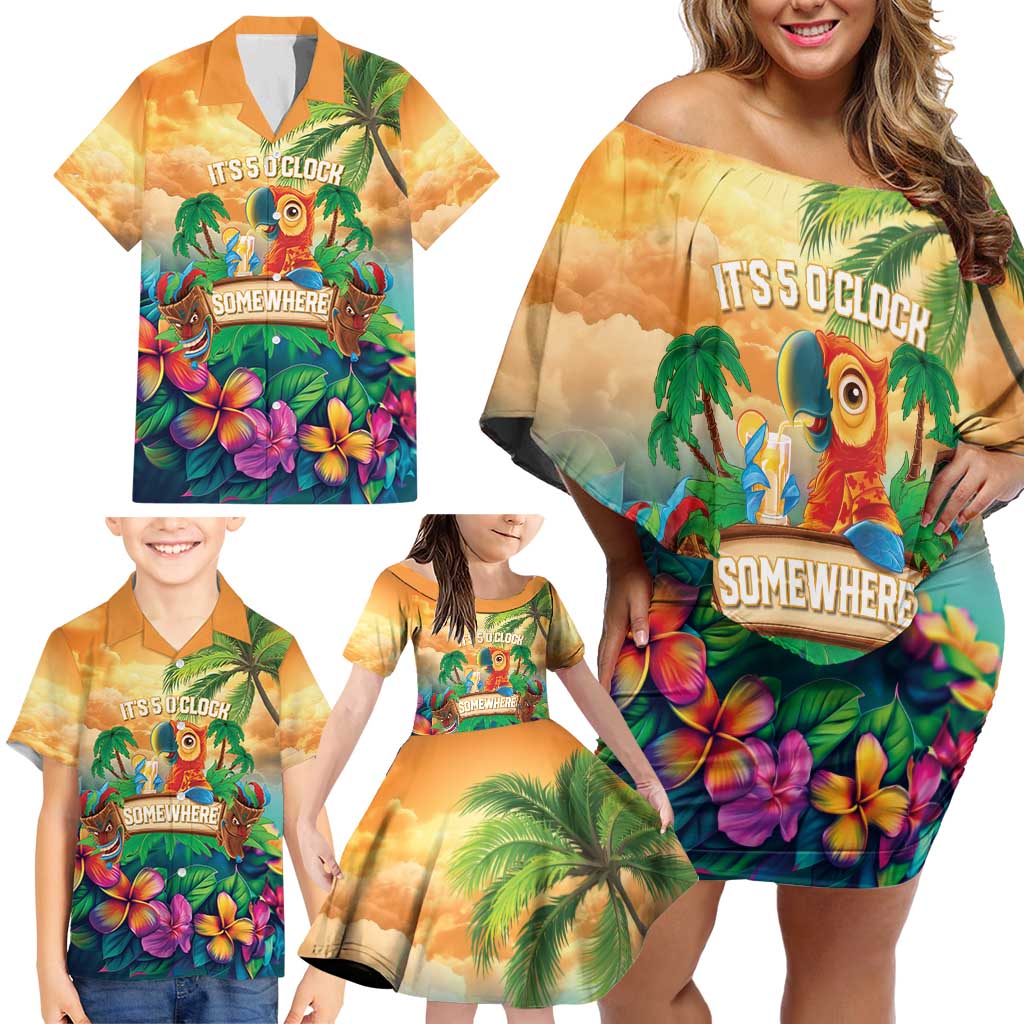 5 Oclock Somewhere Personalized Family Matching Off Shoulder Short Dress and Hawaiian Shirt Hawaii Parrots Plumeria Summer Vibe LT9 - Polynesian Pride