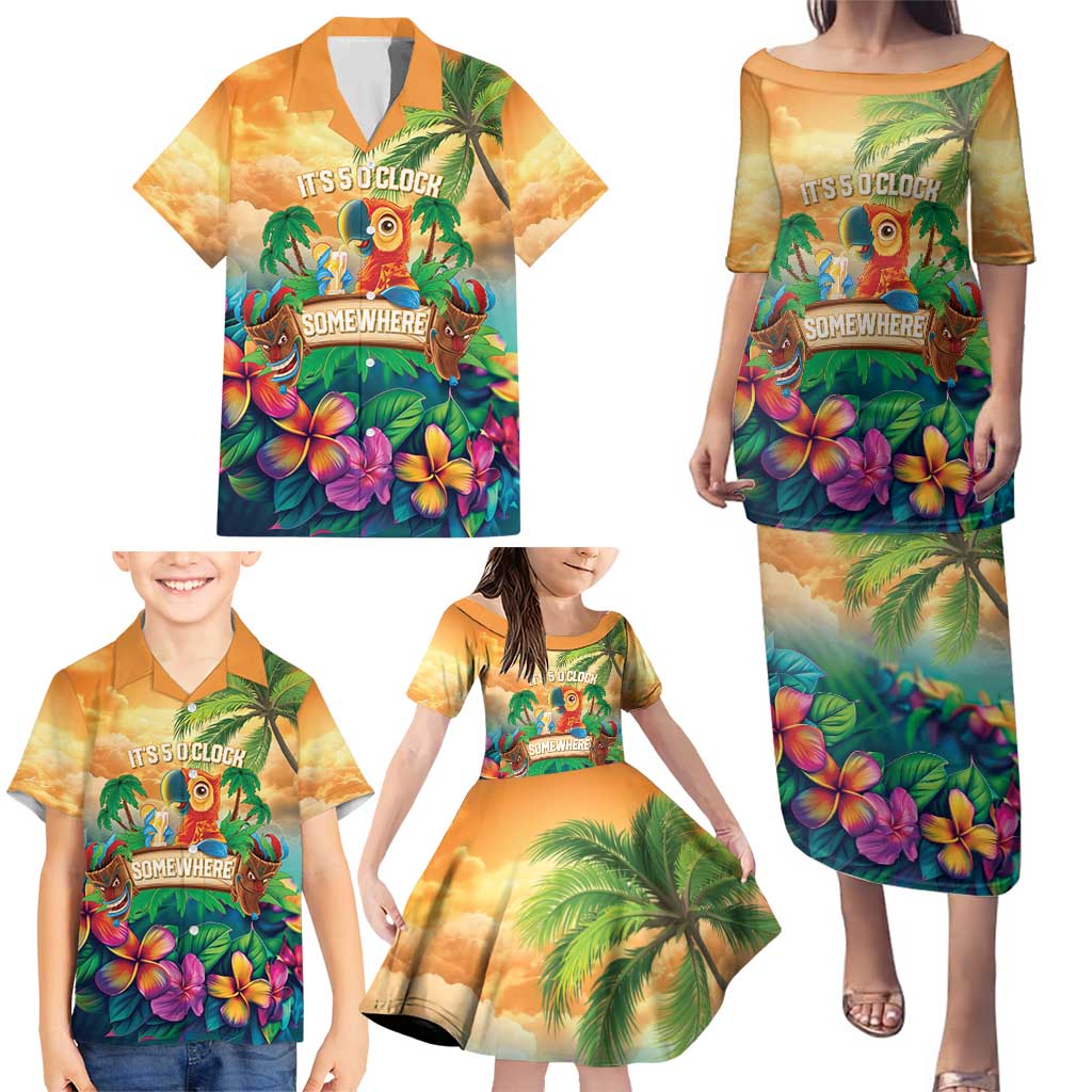 5 Oclock Somewhere Personalized Family Matching Puletasi and Hawaiian Shirt Hawaii Parrots Plumeria Summer Vibe LT9 - Polynesian Pride