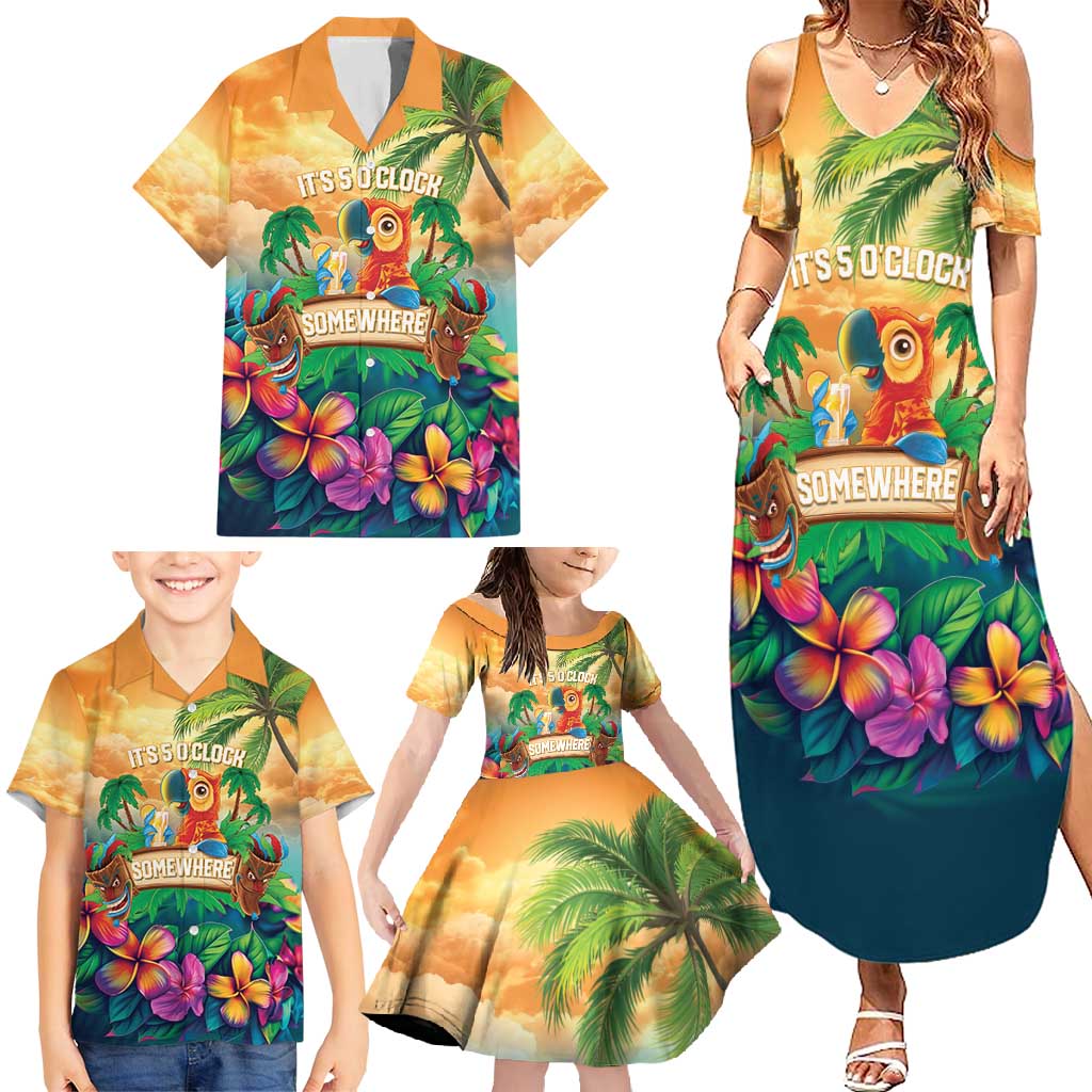 5 Oclock Somewhere Personalized Family Matching Summer Maxi Dress and Hawaiian Shirt Hawaii Parrots Plumeria Summer Vibe LT9 - Polynesian Pride