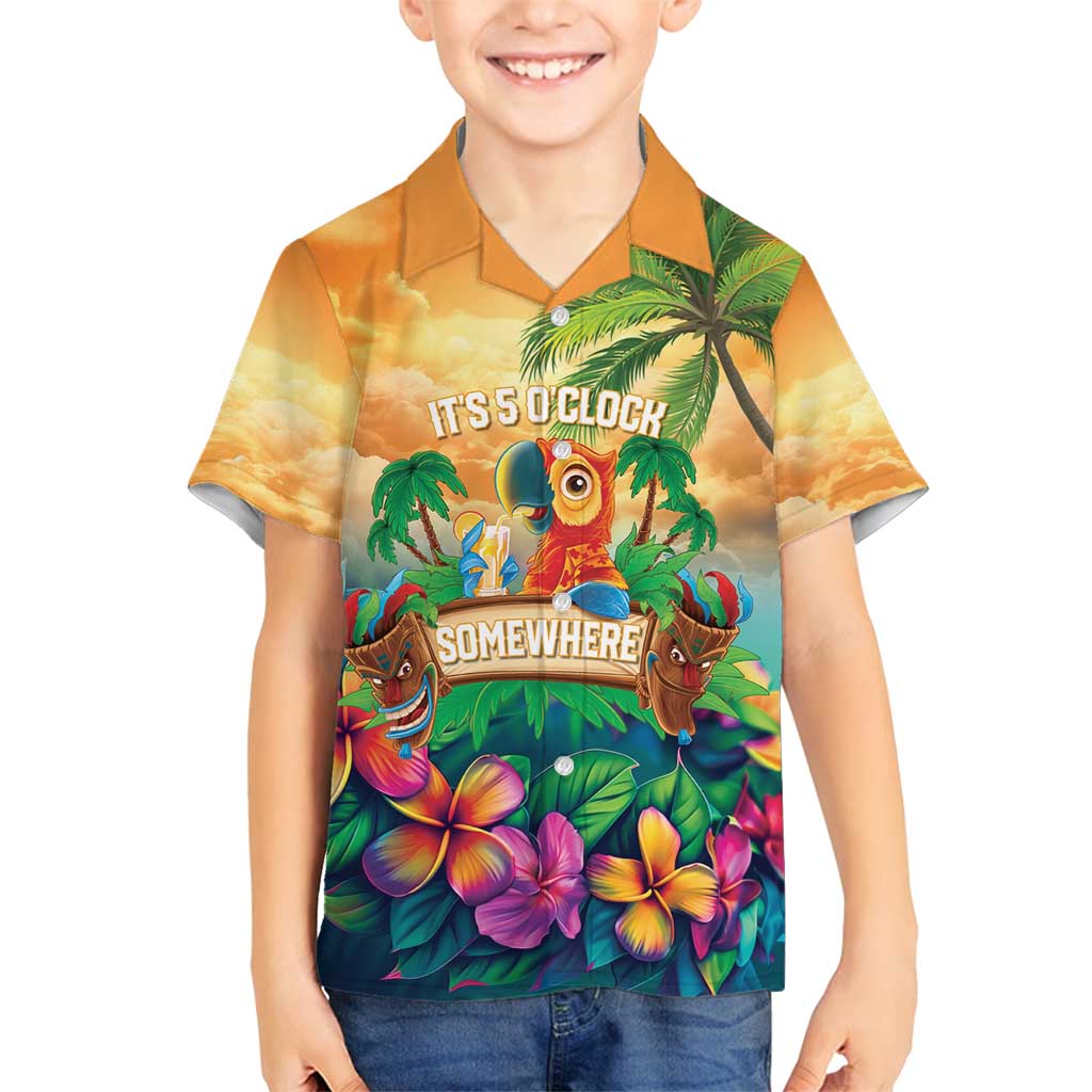 5 Oclock Somewhere Personalized Family Matching Summer Maxi Dress and Hawaiian Shirt Hawaii Parrots Plumeria Summer Vibe LT9 Son's Shirt Yellow - Polynesian Pride