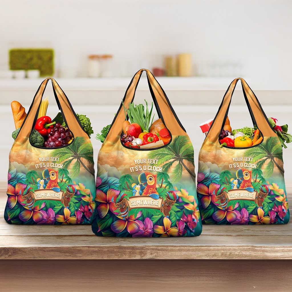 5 Oclock Somewhere Personalized Grocery Bag Hawaii Parrots Plumeria Summer Vibe LT9 3-pack One Size Yellow - Polynesian Pride