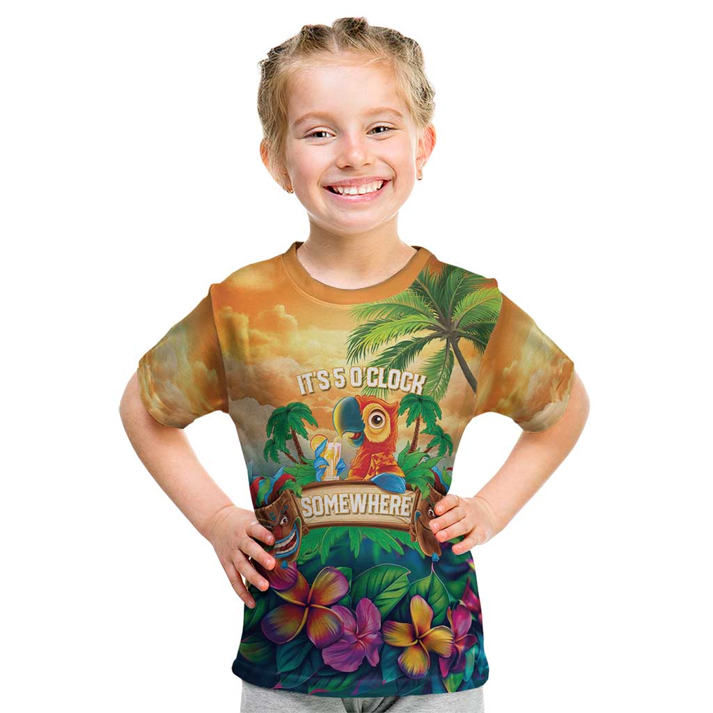 5 Oclock Somewhere Personalized Kid T Shirt Hawaii Parrots Plumeria Summer Vibe LT9 Yellow - Polynesian Pride