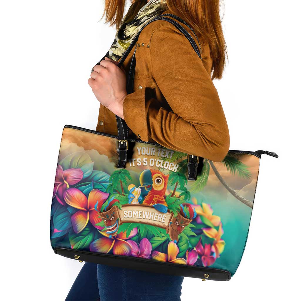 5 Oclock Somewhere Personalized Leather Tote Bag Hawaii Parrots Plumeria Summer Vibe - Polynesian Pride