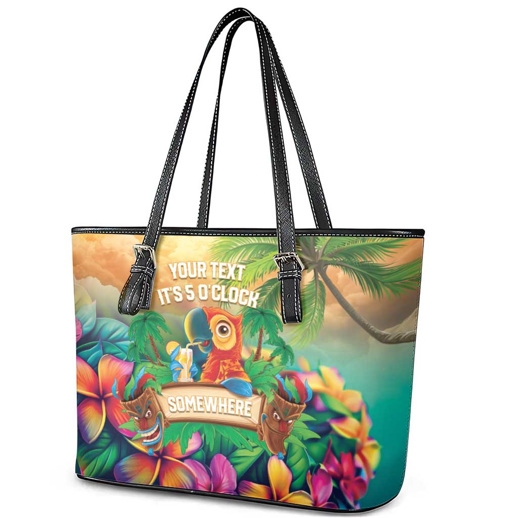 5 Oclock Somewhere Personalized Leather Tote Bag Hawaii Parrots Plumeria Summer Vibe - Polynesian Pride