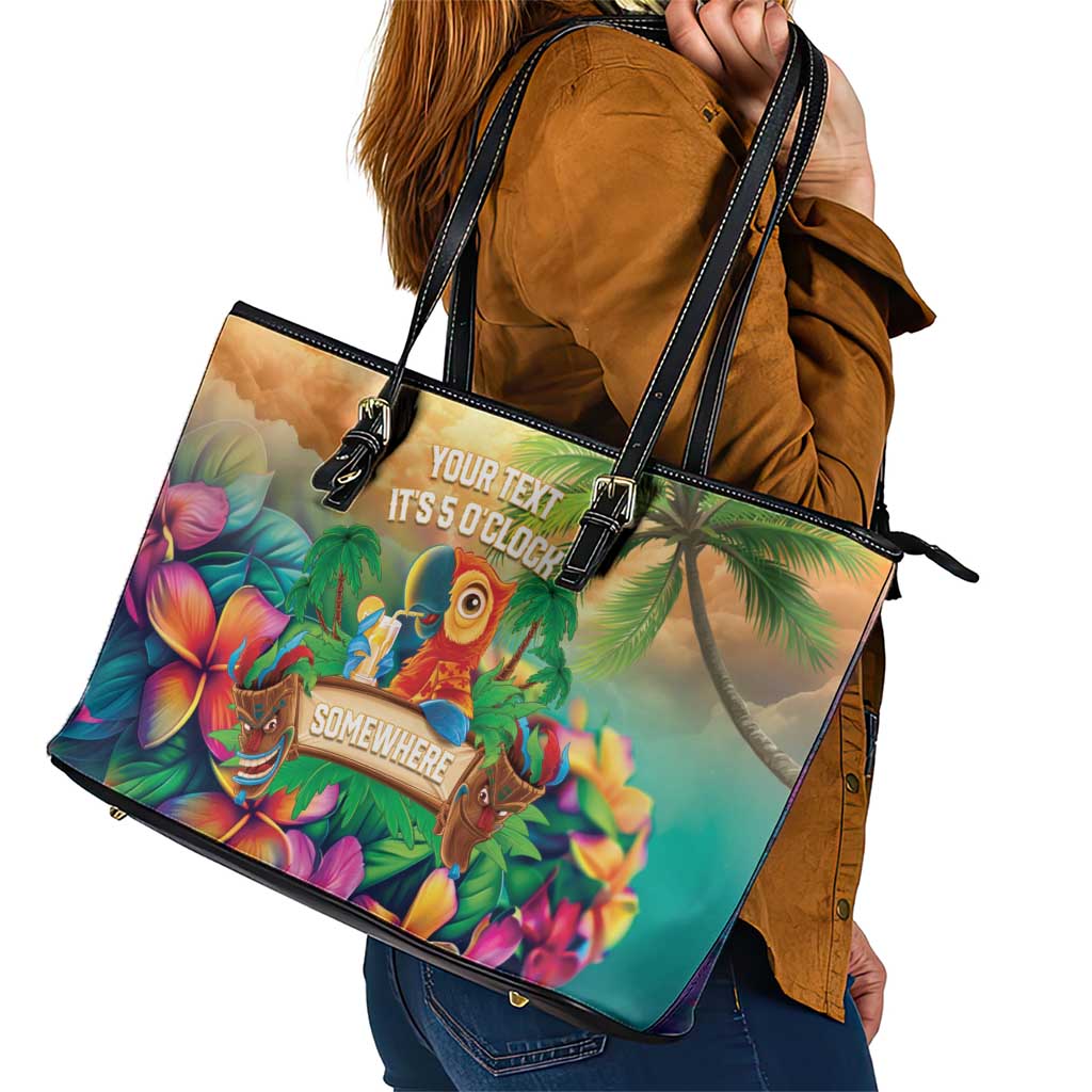 5 Oclock Somewhere Personalized Leather Tote Bag Hawaii Parrots Plumeria Summer Vibe - Polynesian Pride