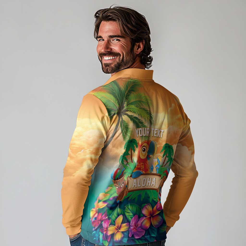 5 Oclock Somewhere Personalized Long Sleeve Polo Shirt Hawaii Parrots Plumeria Summer Vibe - Polynesian Pride