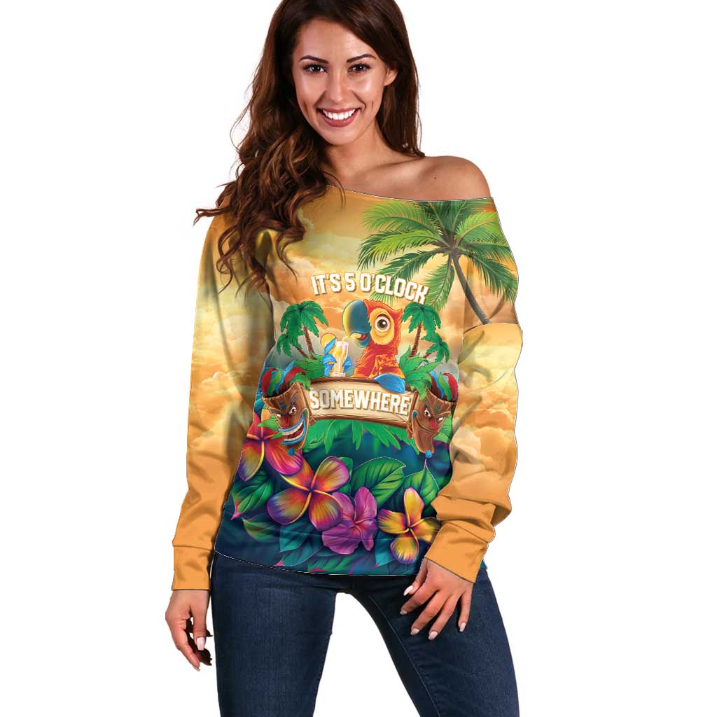 5 Oclock Somewhere Personalized Off Shoulder Sweater Hawaii Parrots Plumeria Summer Vibe - Polynesian Pride