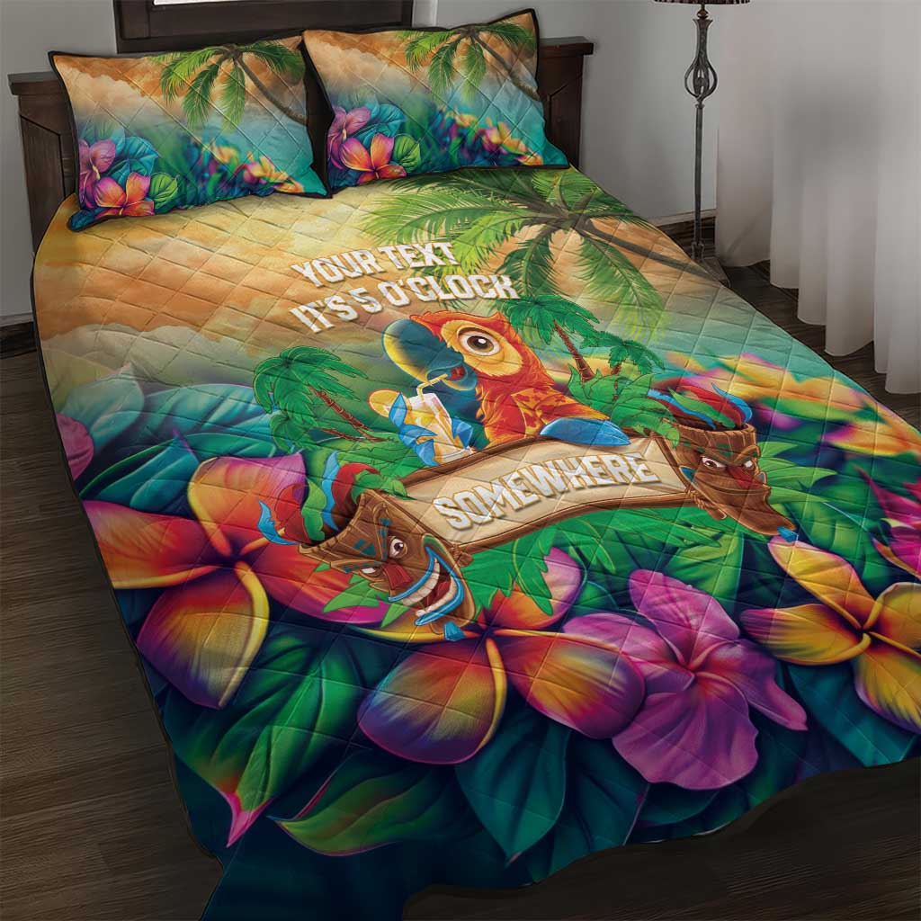 5 Oclock Somewhere Personalized Quilt Bed Set Hawaii Parrots Plumeria Summer Vibe - Polynesian Pride