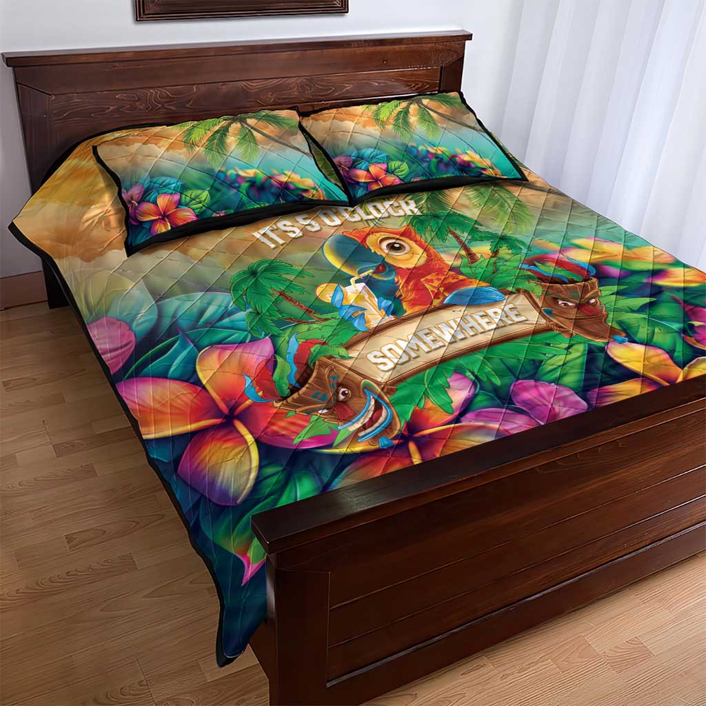 5 Oclock Somewhere Personalized Quilt Bed Set Hawaii Parrots Plumeria Summer Vibe - Polynesian Pride