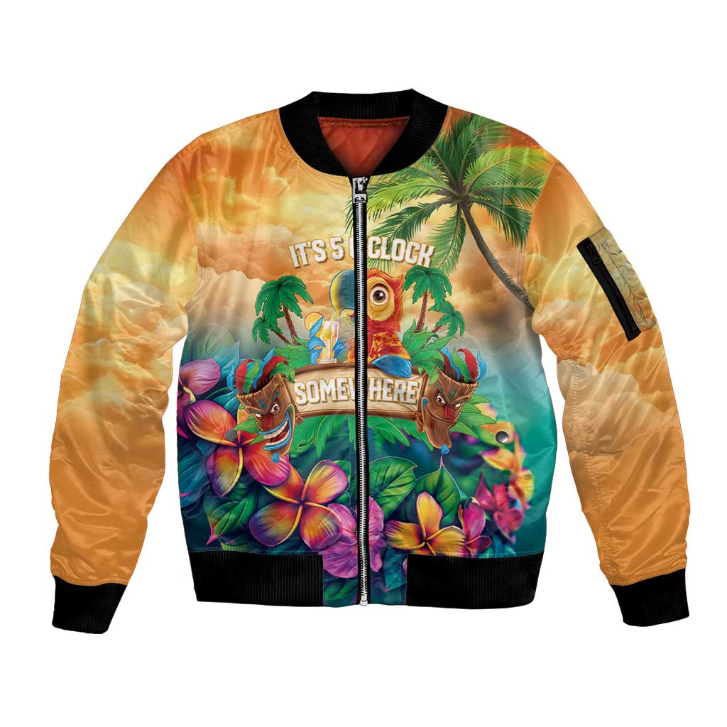 5 Oclock Somewhere Personalized Sleeve Zip Bomber Jacket Hawaii Parrots Plumeria Summer Vibe LT9 Unisex Yellow - Polynesian Pride
