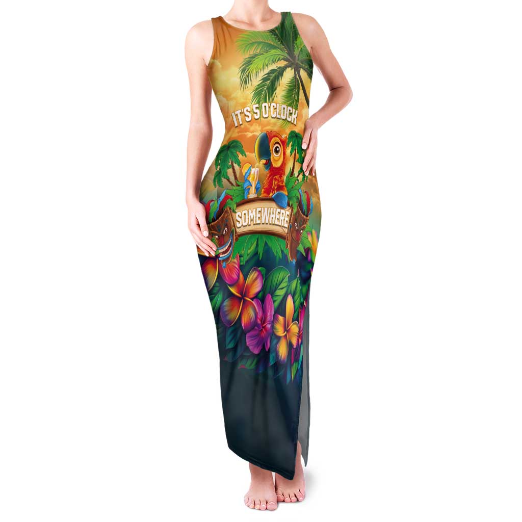 5 Oclock Somewhere Personalized Tank Maxi Dress Hawaii Parrots Plumeria Summer Vibe - Polynesian Pride
