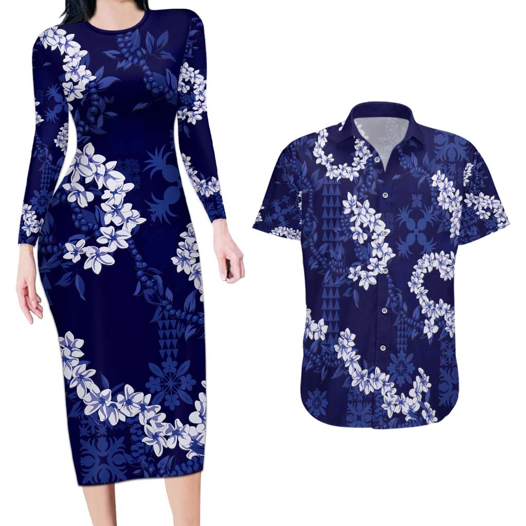 Mokihana Maile and Ilima Leis Couples Matching Long Sleeve Bodycon Dress and Hawaiian Shirt Uliuli Hawaiian Tapa Quilt Pattern - Polynesian Pride