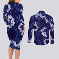 Mokihana Maile and Ilima Leis Couples Matching Long Sleeve Bodycon Dress and Long Sleeve Button Shirt Uliuli Hawaiian Tapa Quilt Pattern - Polynesian Pride