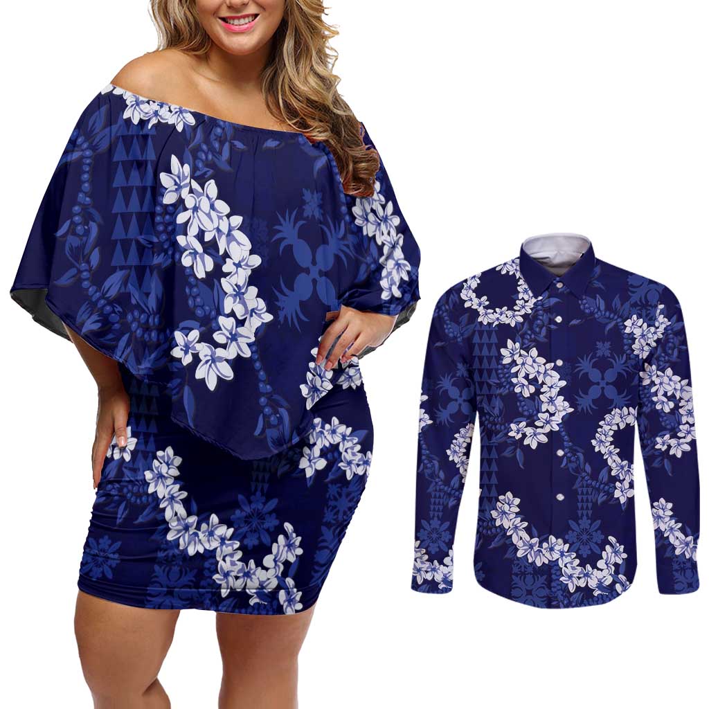 Mokihana Maile and Ilima Leis Couples Matching Off Shoulder Short Dress and Long Sleeve Button Shirt Uliuli Hawaiian Tapa Quilt Pattern - Polynesian Pride