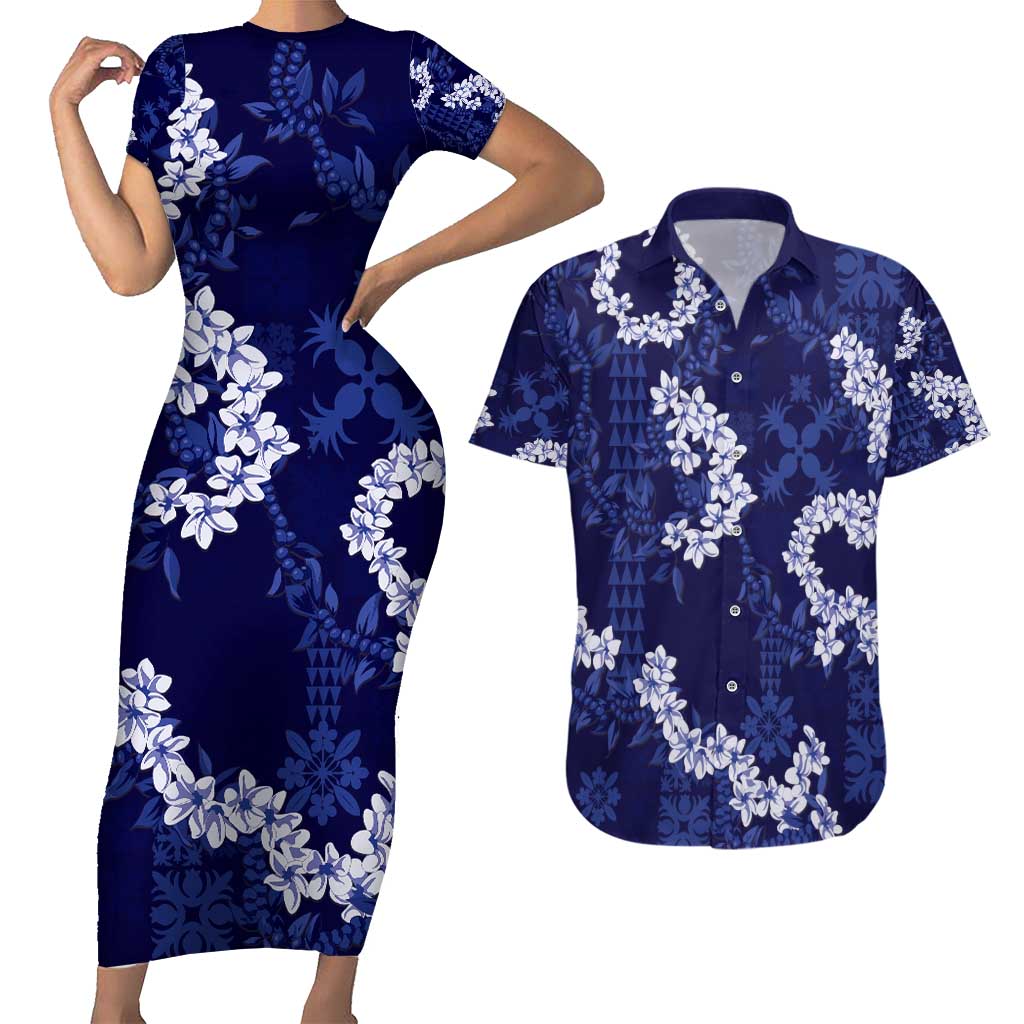 Mokihana Maile and Ilima Leis Couples Matching Short Sleeve Bodycon Dress and Hawaiian Shirt Uliuli Hawaiian Tapa Quilt Pattern - Polynesian Pride