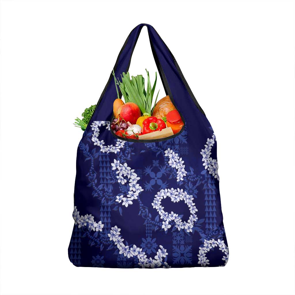 Mokihana Maile and Ilima Leis Grocery Bag Uliuli Hawaiian Tapa Quilt Pattern LT9 1-pack One Size Blue - Polynesian Pride