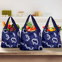Mokihana Maile and Ilima Leis Grocery Bag Uliuli Hawaiian Tapa Quilt Pattern LT9 3-pack One Size Blue - Polynesian Pride