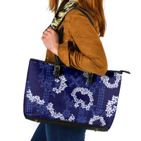 Mokihana Maile and Ilima Leis Leather Tote Bag Uliuli Hawaiian Tapa Quilt Pattern - Polynesian Pride