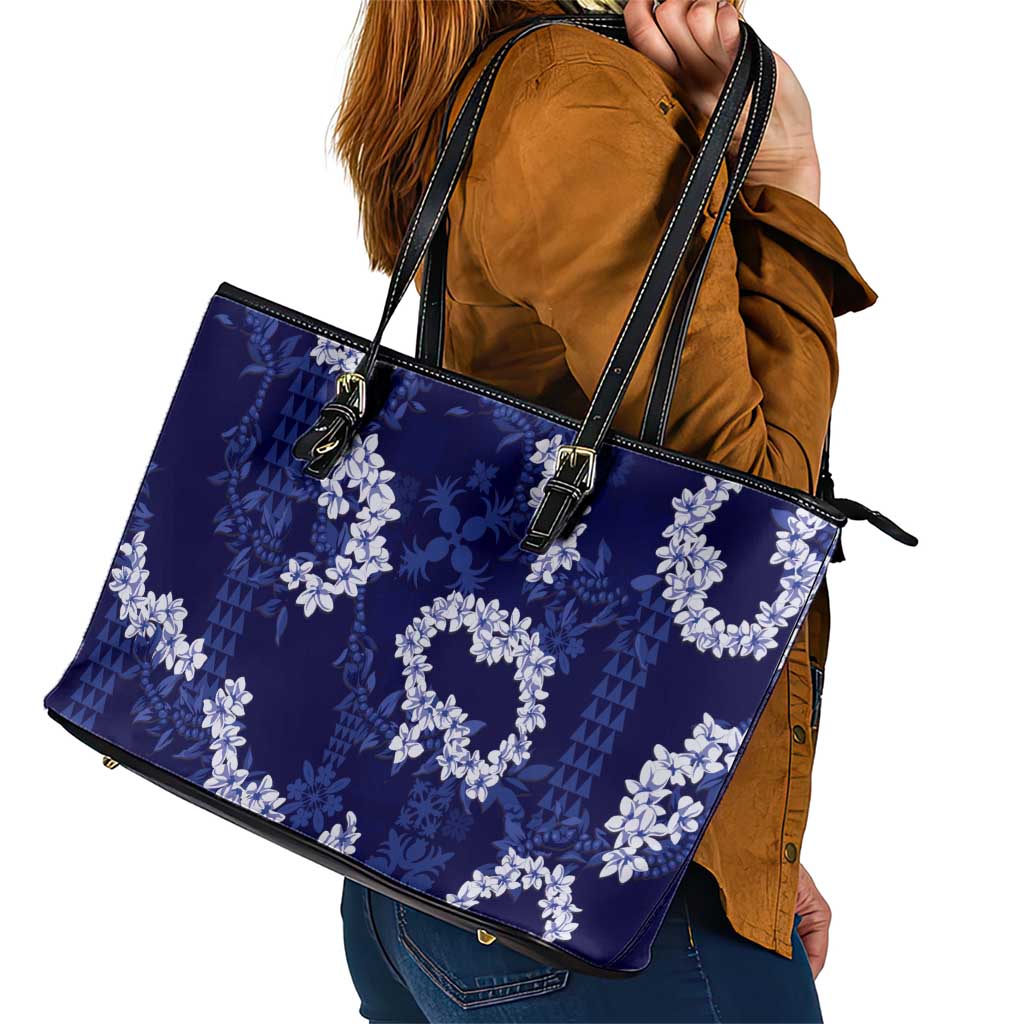 Mokihana Maile and Ilima Leis Leather Tote Bag Uliuli Hawaiian Tapa Quilt Pattern - Polynesian Pride