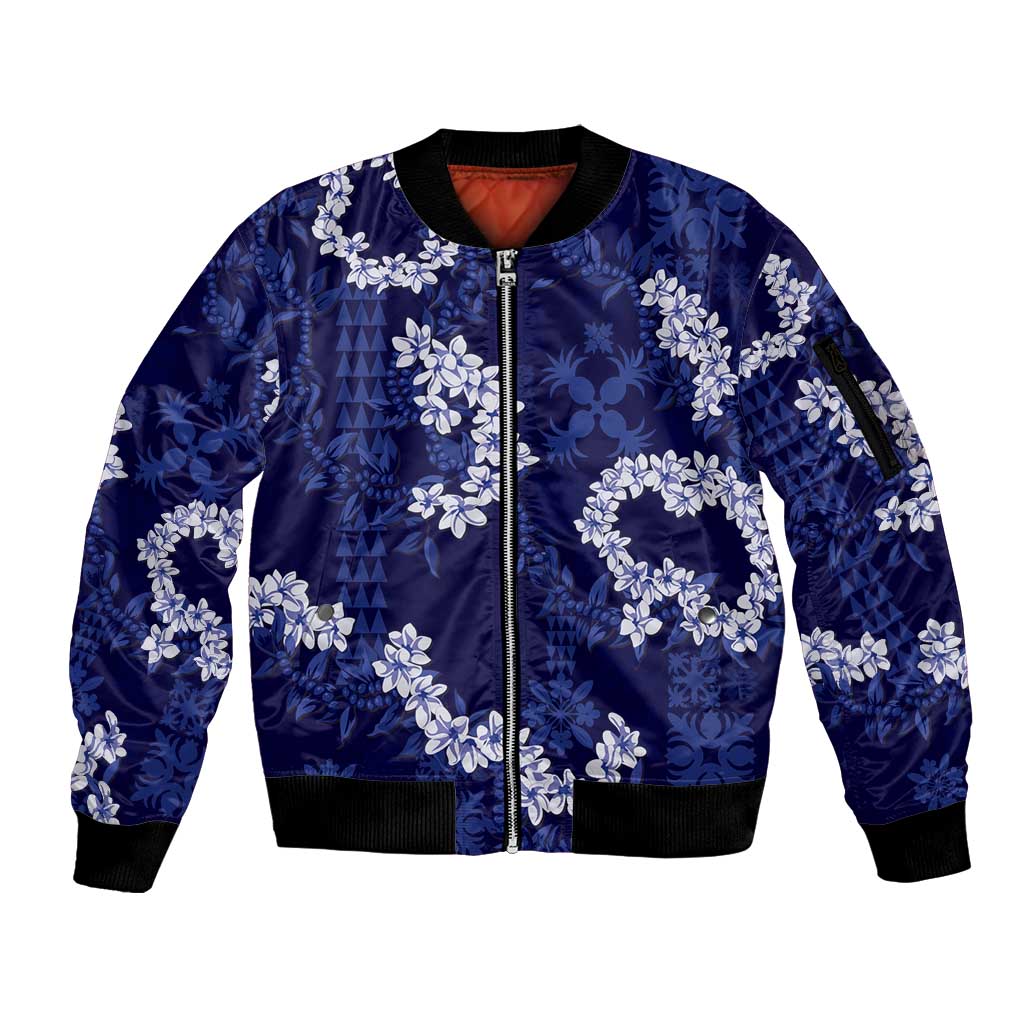 Mokihana Maile and Ilima Leis Sleeve Zip Bomber Jacket Uliuli Hawaiian Tapa Quilt Pattern - Polynesian Pride
