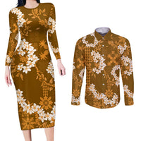 Mokihana Maile and Ilima Leis Couples Matching Long Sleeve Bodycon Dress and Long Sleeve Button Shirt Alani Hawaiian Tapa Quilt Pattern - Polynesian Pride