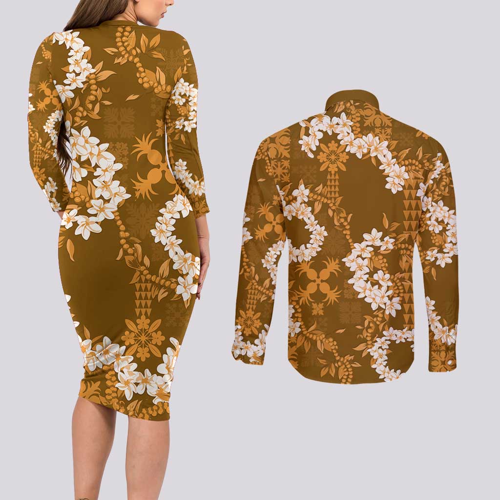 Mokihana Maile and Ilima Leis Couples Matching Long Sleeve Bodycon Dress and Long Sleeve Button Shirt Alani Hawaiian Tapa Quilt Pattern - Polynesian Pride