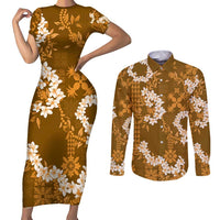 Mokihana Maile and Ilima Leis Couples Matching Short Sleeve Bodycon Dress and Long Sleeve Button Shirt Alani Hawaiian Tapa Quilt Pattern - Polynesian Pride