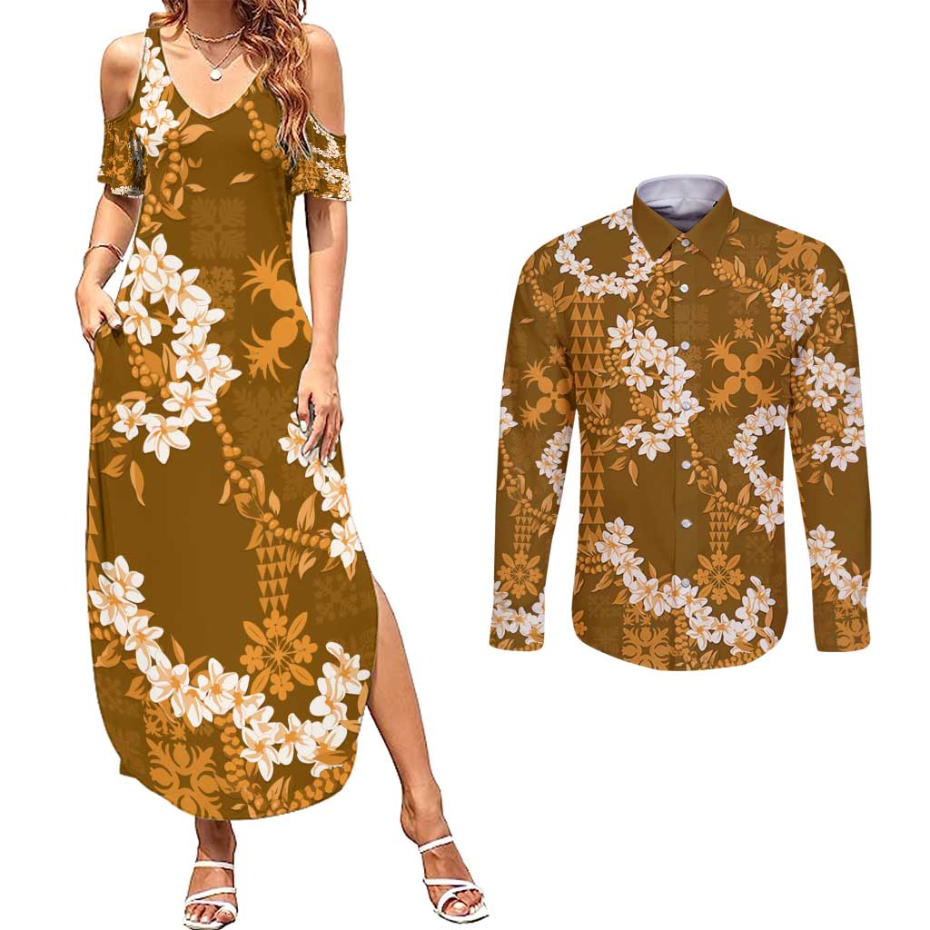 Mokihana Maile and Ilima Leis Couples Matching Summer Maxi Dress and Long Sleeve Button Shirt Alani Hawaiian Tapa Quilt Pattern - Polynesian Pride