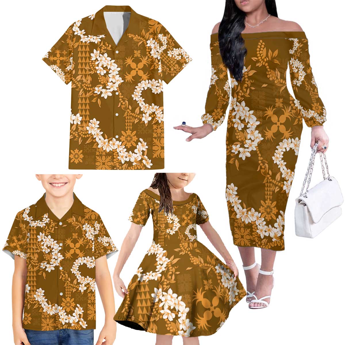 Mokihana Maile and Ilima Leis Family Matching Off The Shoulder Long Sleeve Dress and Hawaiian Shirt Alani Hawaiian Tapa Quilt Pattern - Polynesian Pride