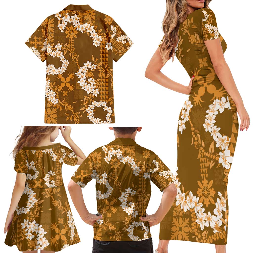 Mokihana Maile and Ilima Leis Family Matching Short Sleeve Bodycon Dress and Hawaiian Shirt Alani Hawaiian Tapa Quilt Pattern - Polynesian Pride