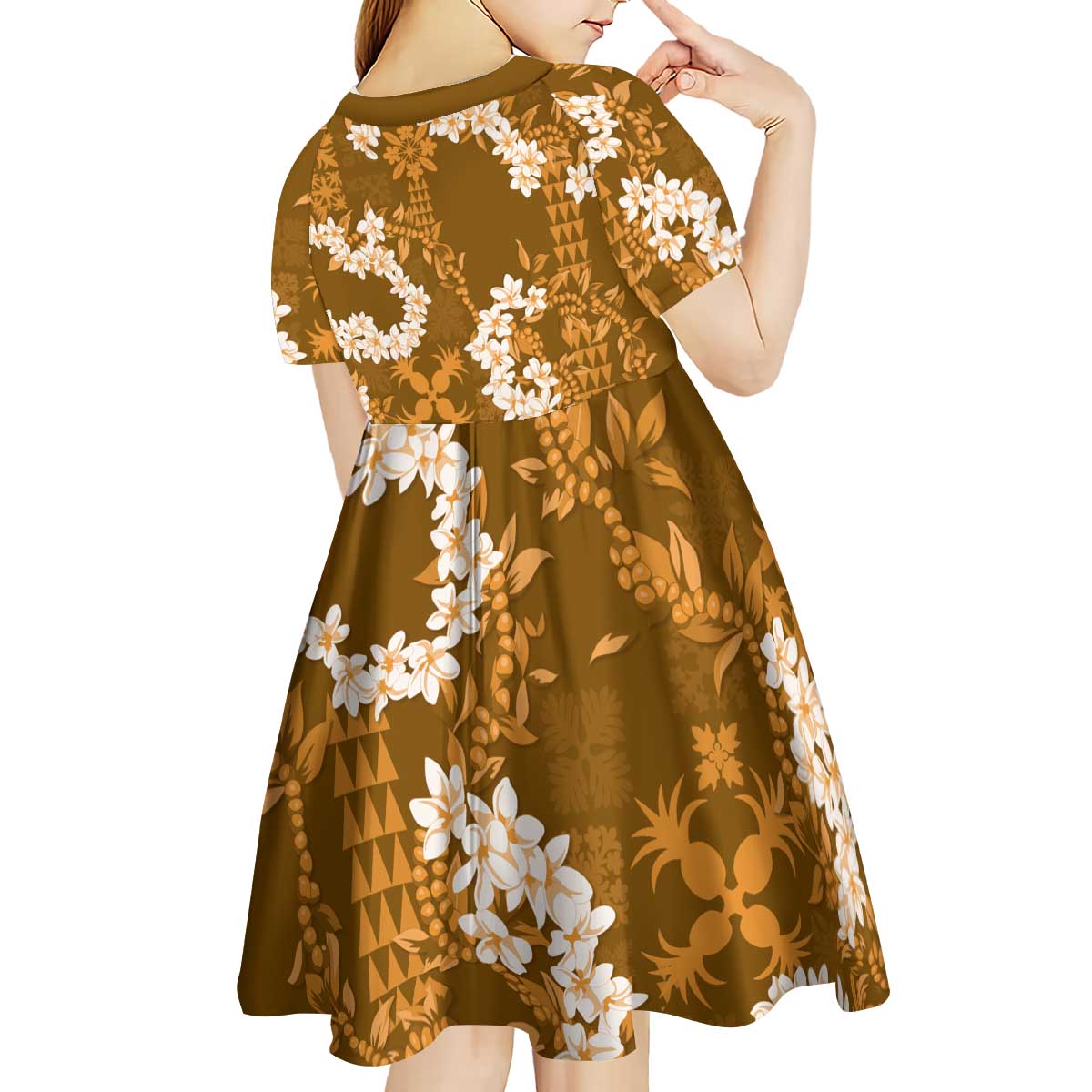 Mokihana Maile and Ilima Leis Kid Short Sleeve Dress Alani Hawaiian Tapa Quilt Pattern - Polynesian Pride