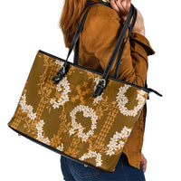 Mokihana Maile and Ilima Leis Leather Tote Bag Alani Hawaiian Tapa Quilt Pattern - Polynesian Pride