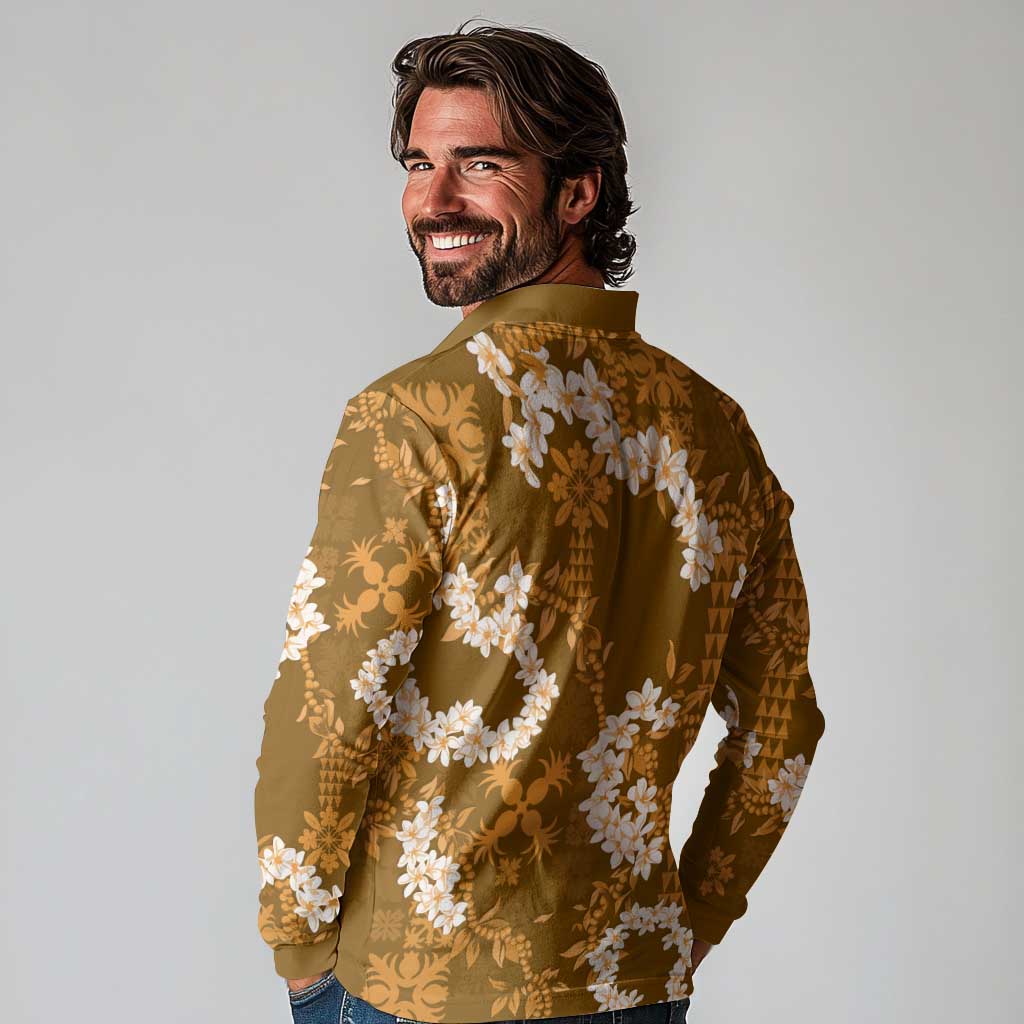 Mokihana Maile and Ilima Leis Long Sleeve Polo Shirt Alani Hawaiian Tapa Quilt Pattern - Polynesian Pride