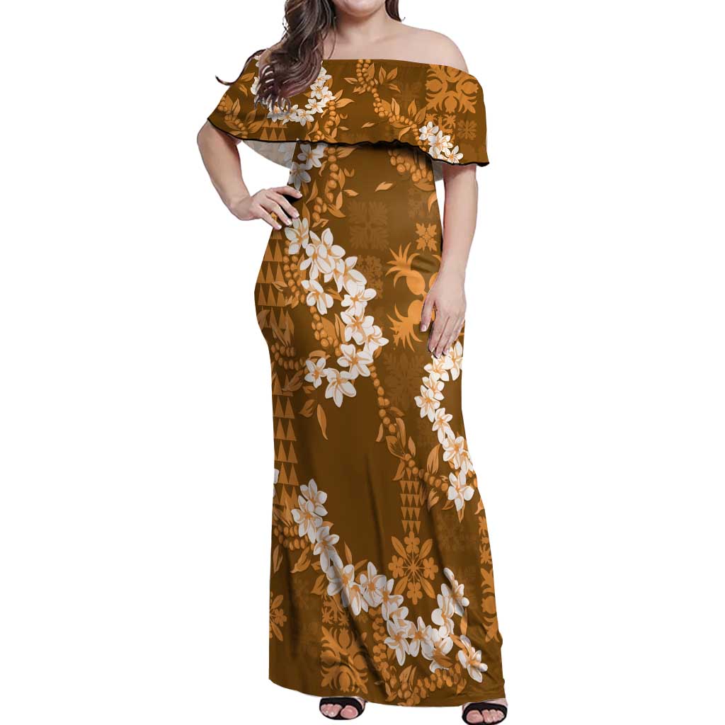 Mokihana Maile and Ilima Leis Off Shoulder Maxi Dress Alani Hawaiian Tapa Quilt Pattern - Polynesian Pride