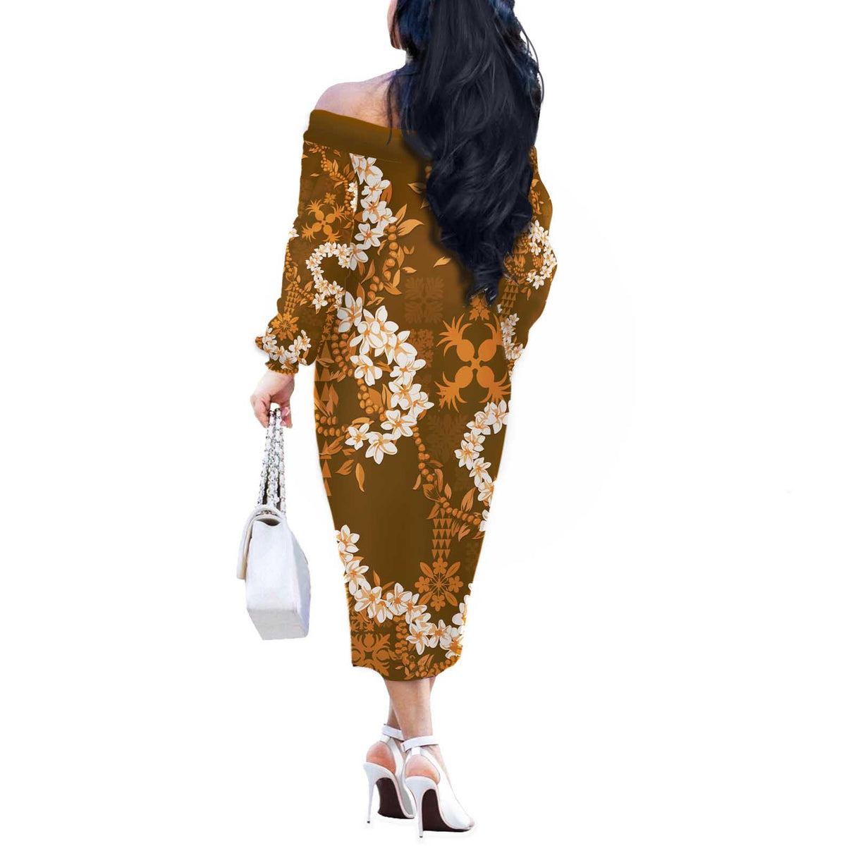 Mokihana Maile and Ilima Leis Off The Shoulder Long Sleeve Dress Alani Hawaiian Tapa Quilt Pattern LT9 - Polynesian Pride