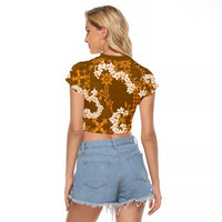 Mokihana Maile and Ilima Leis Raglan Cropped T Shirt Alani Hawaiian Tapa Quilt Pattern - Polynesian Pride