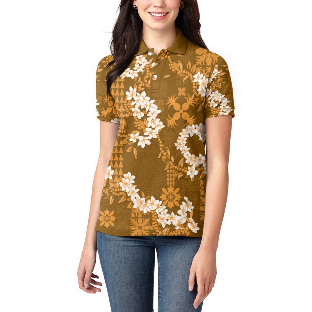 Mokihana Maile and Ilima Leis Women Polo Shirt Alani Hawaiian Tapa Quilt Pattern - Polynesian Pride
