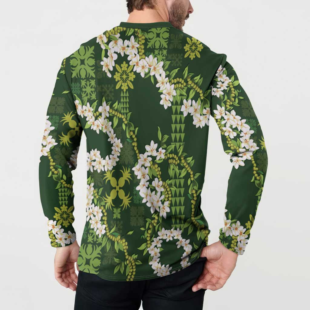 Mokihana Maile and Ilima Leis Button Sweatshirt Omaʻomaʻo Hawaiian Tapa Quilt Pattern - Polynesian Pride