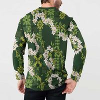 Mokihana Maile and Ilima Leis Button Sweatshirt Omaʻomaʻo Hawaiian Tapa Quilt Pattern - Polynesian Pride