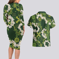 Mokihana Maile and Ilima Leis Couples Matching Long Sleeve Bodycon Dress and Hawaiian Shirt Omaʻomaʻo Hawaiian Tapa Quilt Pattern - Polynesian Pride